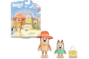 Bluey - Pack 2 Figuras Beach, Figuras articuladas de la Mama y la Hija, muñecos para IR a la Playa, Juguetes de la Serie Infantil, con Chilli y Bingo, Famosa (BLY59000)