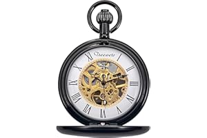 TREEWETO - Reloj de bolsillo unisex con cadena (analógico, cuerda manual), diseño de esqueleto, color negro brillante