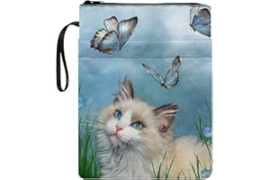 COEQINE Cat Book Sleeves,Bible Cover with Zipper Ragdoll Cute Butterfly Pattern Book Cover Protector with Front Pocket