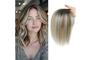 LASUNORK Hair Toppers for Women Fluffy Human Hair Topper 10inch Handmade Swiss Base Hairpieces 360° Cover Hairloss and Grey Hair (Ombre Light Brown with Blond Highlight)