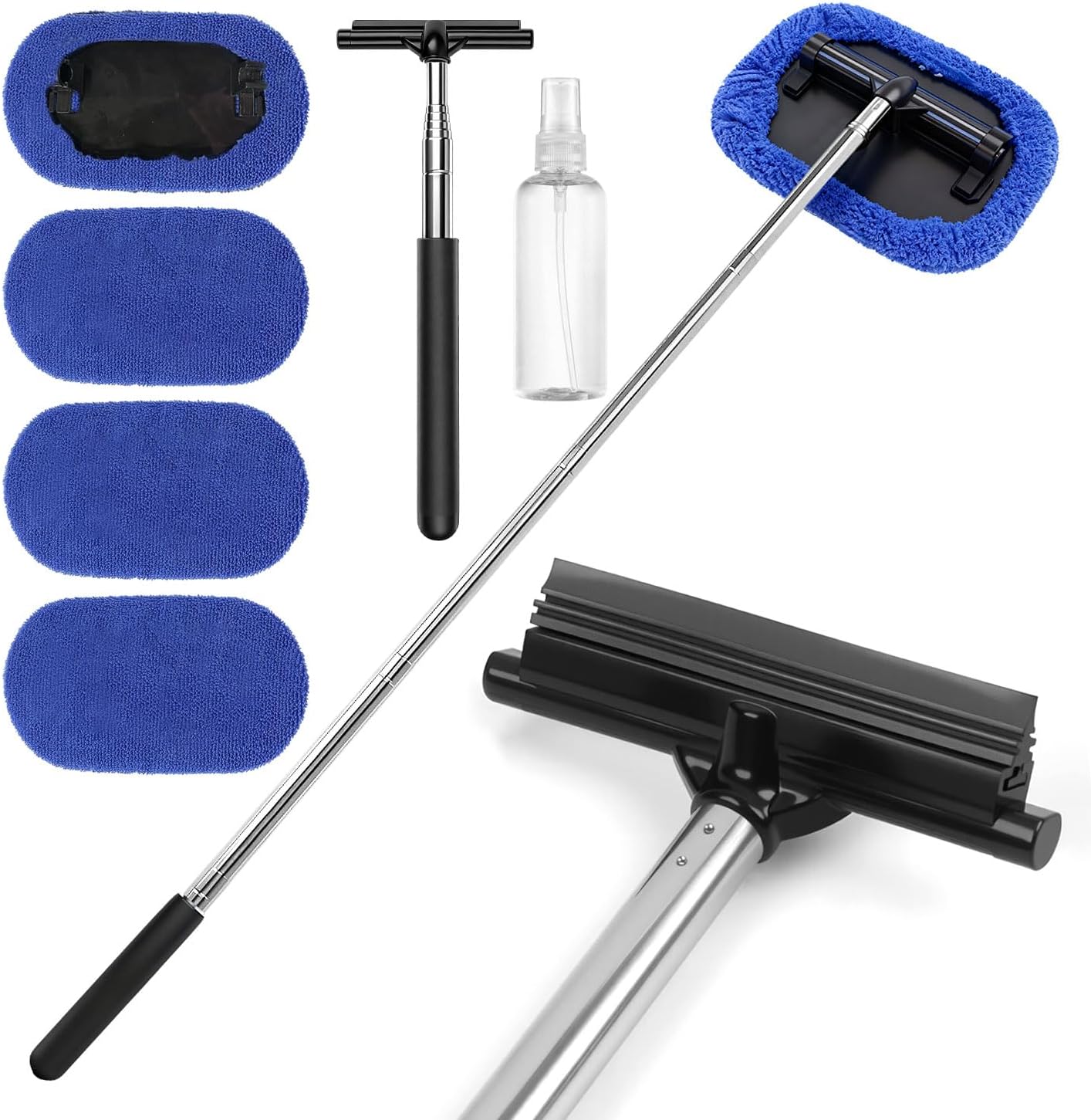 Kit Limpiador para Parabrisas Extensible (22-98.5cm) con Limpiaparabrisas de Inoxidable Cabezal del Limpiar Cristales Coche y Spray Bottle con 4 Paños de Fibra para Limpiar Retrovisores Parabrisas