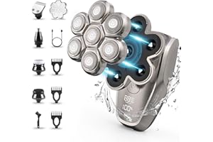 SJPZWCRL Rasoir Electriques, 5 in 1 Tondeuse Cheveux Hommes, 7D Rasoir Crane Chauve Rotatives IPX7 Étanche Rasoir Electriques USB Rechargeable Sec et Humide, Avec Écran LED