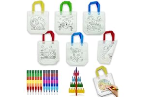 ‎ICEPAPA ICEPAPA, 6 Stück Stoffbeutel zum Bemalen für Kinder und 12 Stück Stapelbare Wachsmalstifte (Insgesamt 12 Farben), Perfekt für Mitgebsel Kindergeburtstag und Bastelset Kindergeburtstag