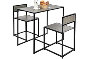 HOMASIS 3-Teilige Essgruppe, Bartisch Set mit 2 Barhockern, Kleiner Bistrotisch mit 2 Stühle, Sitzgruppe aus Holz & Metallgestell, Küchentisch im Industriedesign für Küche & Esszimmer (Grau)