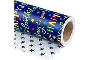RUSPEPA Papel de regalo reversible para cumpleaños - Mini rollo - 43,2 cm x 10 m - Diseño colorido de letras de "Feliz cumpleaños" y estrellas para fiestas y baby shower