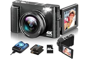 FULEALFLY Macchina Fotografica Digitale, 48MP 4K Zoom Digitale 16X Fotocamera Digitale Autofocus con Flash Potente Macchina Fotografica Compatta con Micro SD da 32 GB, 2 Batterie