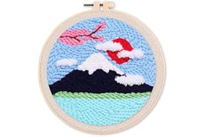Figured'Art Punch Needle Kit Complet pour Adultes et Enfants - Le Mont Fuji et Cerisier - Parfait pour Débutant. Set prêt à broder taille 20x20cm avec cadre circulaire