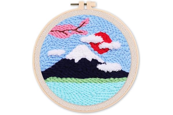 Figured'Art Punch Needle Kit Complet pour Adultes et Enfants - Le Mont Fuji et Cerisier - Parfait pour Débutant. Set prêt à broder taille 20x20cm avec cadre circulaire