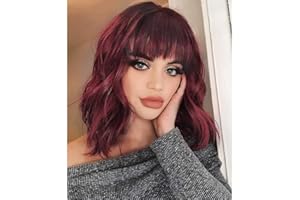 REVIVI AOMOSA court Bob perruques bouclés Bob perruques élégantes avec frange pour les femmes noires fibre naturelle résistante à la chaleur 16 " (Vin Rouge)