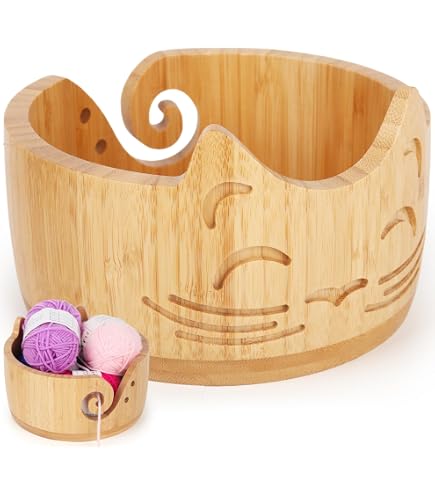 Bol à Laine En Bois Chat Mignon 18x18x10cm - Support Tricot Crochet Avec Trous - Bol Rangement Laine