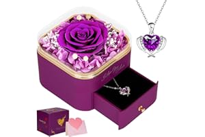 CSYY Rosa Eterna, Púrpura Día de La Madre Regalo para Mujer Rosa Preservada Collar de Amor con alas de ángel de la Guarda Regalo Mujer Novia Aniversario