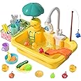 CUTE STONE Play Sink with Running Water, Kitchen Sink Toys with Upgraded Electric Faucet, Play Food Toys, Pool Floating Fishing Toys for Water Play, Kids Role Play Dishwasher Toy Gift for Boys Girls