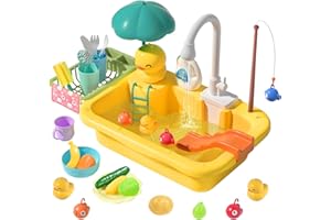 CUTE STONE Fregadero de Juguete con Agua Corriente, Fregadero de Cocina Juguete con Comida Juguete y Utensilios Cocina, Juego rol para niños, lavavajillas eléctrico, Juguete Regalo para niños y niñas