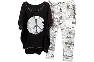 CHNNAMZU Ensemble Lin Femme été 2 Pièces Ensemble De VêTements Fluide Col Rond Imprimé T-Shirt Manches 3/4 + Pantalon Large Taille Haute D'IntéRieur Jogging Chic Grande Taille Casual Tenue De Sport