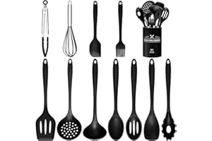 WILDONE Silicone Kitchen Utensils Set - 12pcs Cooking Utensils Set with Holder, BPA Free Food Grade Non Stick Coating Silicone Spatulas Kitchen Utensils, Heat Resistant & Easy Clean, Black