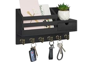 Marimor Schlüsselablage, Briefhalter für Wand, Schlüsselbrett Holz, Wandhalterung mit 6 Haken Aufbewahrungsschublade, schlüsselkasten, Schlüsselboard, Schlüsselhalter Schlüsselhaken Post (Schwarz)