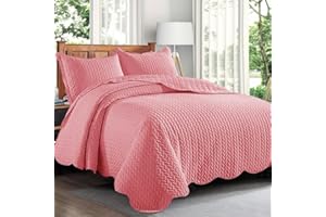 Trendy Realm Quilt Mono Bedspread 3 Pieces Set – Coverless Quilted Leaf Motif Bedspread, Comforter Throw, Summer and All-Season Lightweight Bedding Sets, with 2 Pillow Shams (Double, Pink)