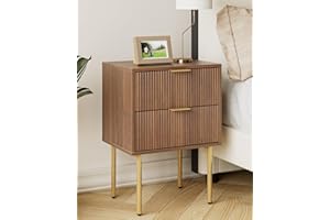 HEYZOEY Bedside Table, Small Bedside Tables with 2 Drawers, Wooden Nightstand with Gold Legs, Mid-Century Modern Bed Side End Table for Bedroom, Living Room,Walnut