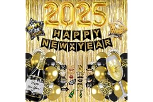 IWHEAT Silvester Deko Party 2025, Deko Silvester Party 2025, Schwarz Gold Neujahr Dekoration Set mit Happy New Year Deko Girlande, 2025 Folienballons, Fotorequisiten, Regenvorhang für Neujahr Deko 2025