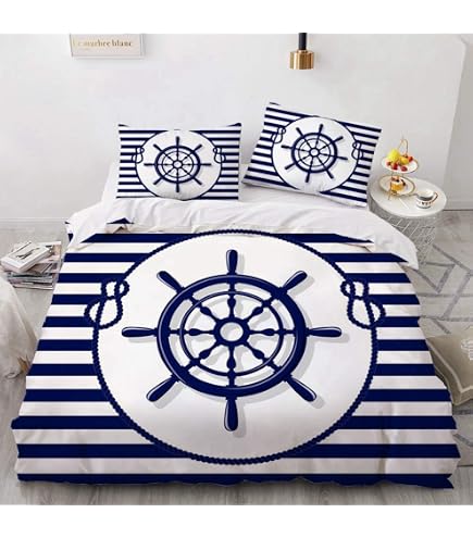 Homewish Set biancheria da letto con ancoraggio nautico, copripiumino matrimoniale modello barca a vela oceano blu marino, con bussola costiera, motivo oceano blu, con cerniera