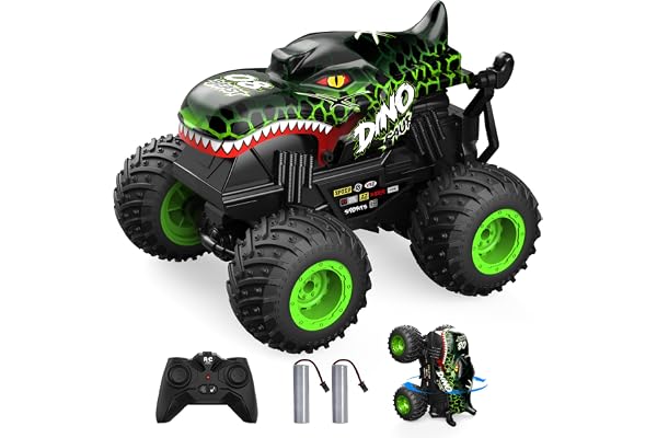 ACAMMZAR Voiture Télécommandée Dinosaure, 2.4GHz 20Km/h RC Monster Truck, RC Voiture Telecommandé Tout Terrain, avec 2 Batteries 60 Min+, RC Car avec LED Musique 360°Rotation, pour Enfants Adultes