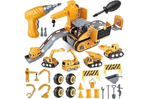 Yangers 4-in-1 DIY Take Apart Car Toys, Construction Vehicles Set, Building Excavator, Crane, Truck Toy, Interactive Toy, Christmas, Birthday Gifts with Electric Drill for Children