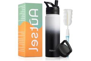 Autsel Botella de Agua Térmica Botella de agua de acero inoxidable Sport 650ml Doble Pared 2 Tapas para Oficina Camping Oscuro