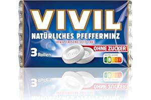 ‎VIVIL VIVIL Rollen Natürliches Pfefferminz ohne Zucker, 3er Pack, frische Pastillen mit Pfefferminzgeschmack, zuckerfrei & vegan, 3 x 28g