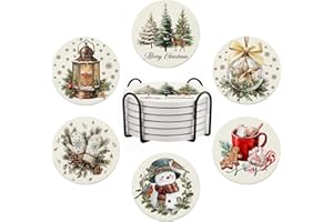 SHAEOTEK Christmas Beige Coasters for Drinks, Snowman Ceramic Coasters for Drinks, Set of 6 Drink Coasters with Metal Holder, Absorbent Round Non-Slip Drink Coffee Bar Mug Cup Coaster Chritmas Decoration Gifts