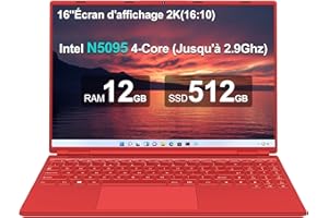 AOCWEI Ordinateur Portable 16" 12 + 512 Go Derniers processeurs N5095 (jusqu'à 2,9 GHz) PC Win 11 4 cœurs 1920 x 1200 Écran 2K Prise en Charge Prise Double WiFi 2,5" HDD 1 to SSD Expand-Rouge