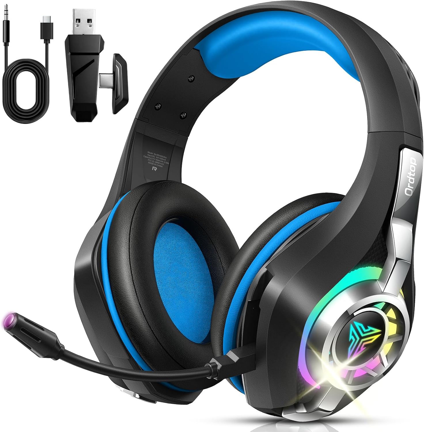 Ordtop 2.4GHz Wireless Gaming Headset for PC, PS5, PS4–Low Latency Bluetooth 5.4 Headset with ENC Noise Cancelling Mic, 7.1 Surround Sound, 40H Playtime, Ultra-Lightweight 276g (Wired Mode for Xbox)