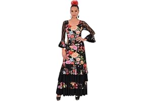 AMARU SANCHESU Vestido Flamenco Mujer con Volantes - Traje de Feria o Sevillanas con Mangas de Encaje y Estampado Floral