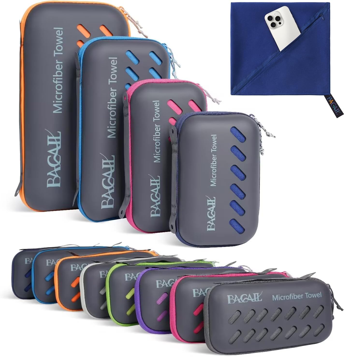 BAGAIL Toallas de Viaje de Microfibra, Toallas de Campamento, Toallas de baño y Toallas de Playa, Secado rápido - Súper absorción de Agua - Súper Compacto, Muy Adecuado para el Deporte y el Fitness