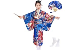 KRUIHAN Kimono Japonais pour Filles,Robe Yukata Japonaise,Robe Kimono Satin pour les Enfants,Robe de Soirée de Jeu de Rôle Anime pour les Filles avec Eventail Pliant et Chaussettes Tabi