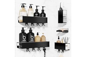 Luxear Lot de 5 Etagère de Douche sans Perçage 304 Acier Inoxydable Max 10KG Rangement Douche avec 10 Crochets Accessoire Salle De Bain Antirouille Autocollant avec Porte Savon Douch Noir