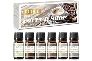 EUQEE Set di Huiles Parfumées pour Diffuseurs, Coffee Shop - Café, Gâteau au café, Chocolat, Crème de Coco, Noix de Coco et Vanille, Opium Noir - 6 x 10 ml d'Huiles Essentielles