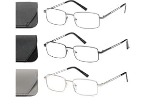 Hubeye 3 Paia Occhiali Da Lettura da Uomo Rettangolare In Metallo Materiale In Acciaio Inox Cerniera A Molla Anti Luce Blu con la custodia 2.50