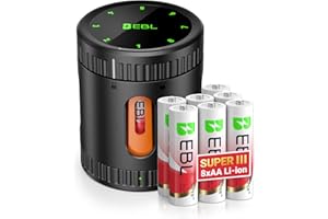 EBL Akumulatory litowe AA z ładowarką, 8 sztuk 1,5 V Super III, 3600 mWh AA do kamery błyskowej, uniwersalna ładowarka do akumulatorów AA i AAA