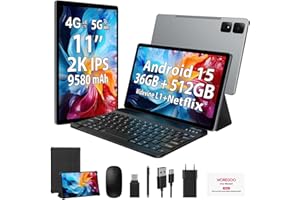 WOREGOO Tablette Android 15 de 11 Pouces, 4G LTE et WiFi 5G, Octa-Core, 36Go RAM+512Go ROM (1TB TF), Widevine L1, Écran FHD 2K 2000x1200, GMS/GPS/8+13 MP/Batterie 9580mAh avec Clavier+Souris (Gris)
