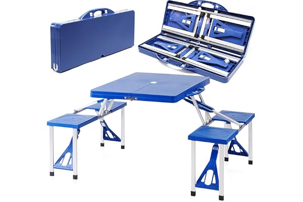 WilTec Kit Table de Camping Pliante, 1330 x 845 x 670 mm, avec 4 sièges solidaires, Table Portable PE-HD/alu, extérieur, BBQ, fêtes, Barbecue, Pique-Nique