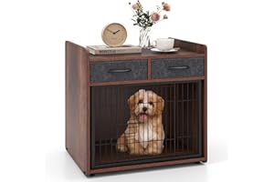 GOPLUS Mueble para Perros, Caja de Madera con 2 Cajones de Tela, Puerta Bloqueable, Caseta para Perro Interior, Mesa de Caja Resistente para Perros Pequeños y Medianos