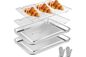 Ecofocet Teglia da Forno in Acciaio Inox, Teglie da Forno Rettangolari con Griglia di Raffreddamento e Guanti da Cucina, Set di Vassoio da Cuocere per Cottura, Barbecue, Scolare le Verdure, 40x30x2CM