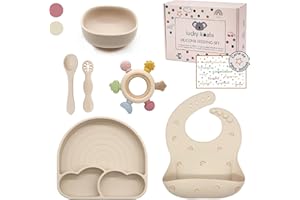 Lucky Koala® Coffret Repas Bébés en Silicone I Assiette et Bol avec Ventouse, Bavoir, Cuillères d'apprentissage, Anneau Dentition I Qualité Alimentaire I Sans BPA I Coffret Cadeau