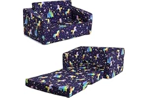 DECALSWEET Sofás Plegables para Niños - Sillón 2 en 1, Sillón Infantil Cómodo y Estable con Bolsillo de Tela, Sofá Cama Asiento para Bebé, Unicornio