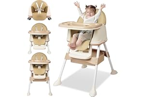 KURO-SAGOL Hochstuhl Baby mit 5 Rollen, inkl. Tasche, Baby Hochstuhl verstellbar, abnehmbares Essbrett, 5-Punkt-Sicherheitsgurt, ab 6 Monaten bis 6 Jahre, platzsparend und mobil, Beige