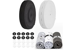 DONOONIS Elastico per Cucito, 2 Rotolo Elastico per Pantaloni, Elastici per Pantaloni con 20 Bottoni per Cucire Vestiti, Pantaloni, Artigianato Fai-da-Te 7 Metri per Rotolo, Bianco e Nero