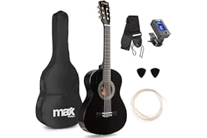 MAX SoloArt Junior 3/4 Beginner Acoustic Guitar Starter Kit, Black Wooden Childrens Guitar with Nylon Strings, Ideal Kids Musical Instrument for Learning