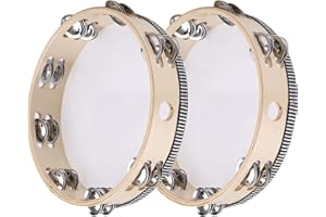 FDRJKN 2 Pack Tambourine, Wooden Tambourine, Handheld Tambourine, Wooden Hand Drum with Jingle Bells, Percussion Musical Instrument for Rhythm Learning, Performance
