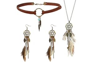 VELESAY Bohemian Schmuck Set für Damen Boho Feder Traumfänger Ohrringe Drop Leder Choker Halskette Vintage Bohemian Feder Anhänger Ohrringe Handmade Retro Türkis Schmuck Anhänger Boho Stammes Schmuck Sets
