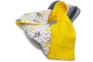 MILLALU Hooded CAR SEAT PADDED BABY BLANKET Reversible Cotton / Minky * COVER * COSYTOES * PUSHCHAIR BLANKET (Elephants with Yellow Umbrella and Yellow Minky)